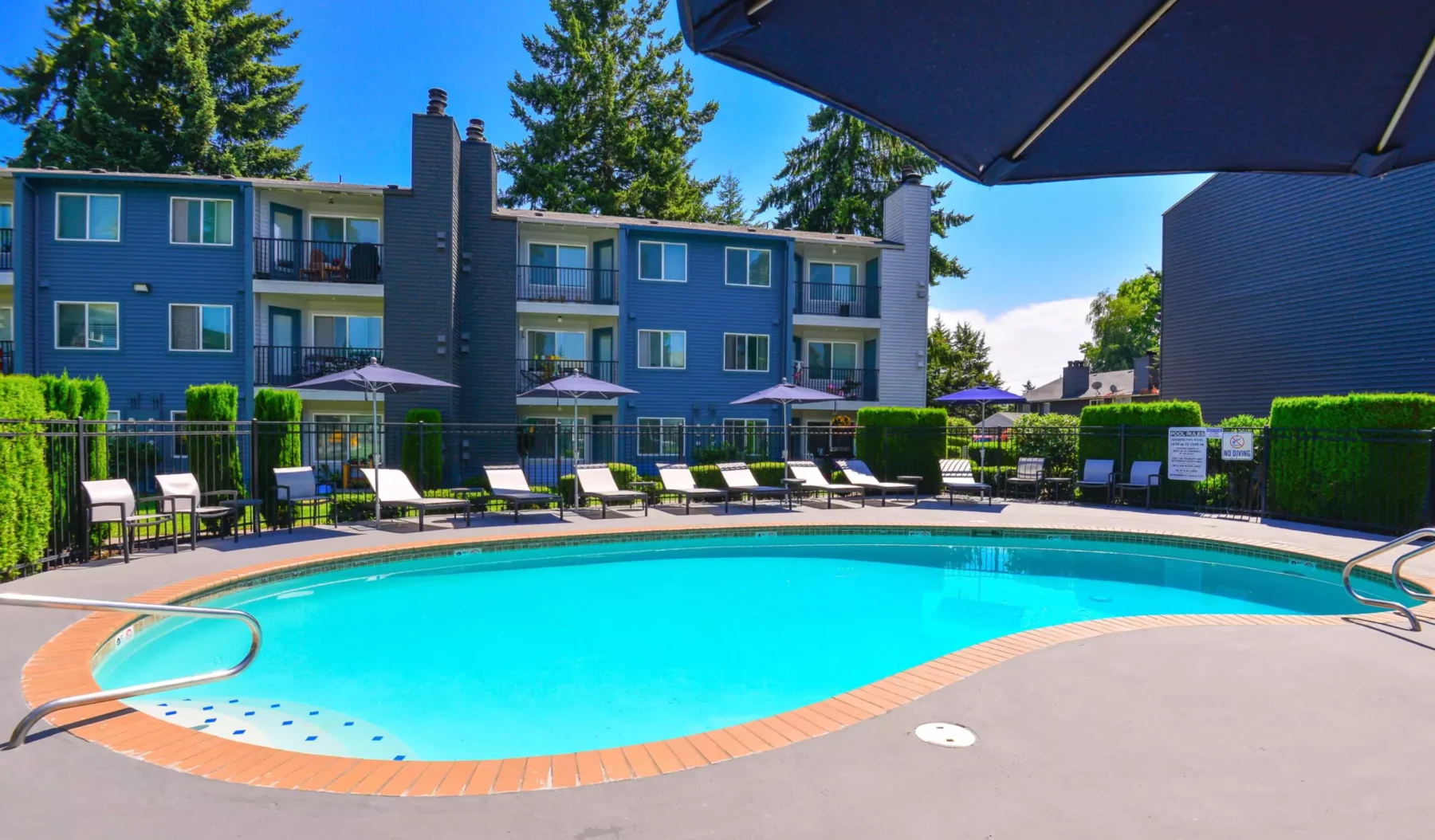 Pool with deck furniture and large trees around