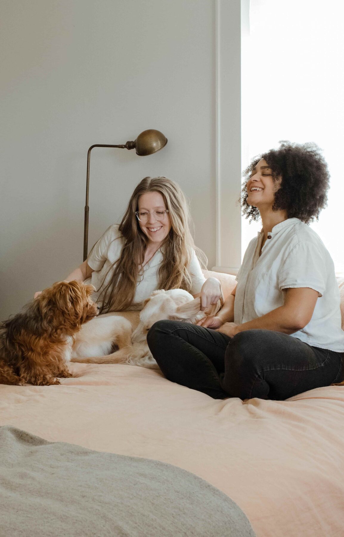 Two women sit on a bed, smiling and petting two dogs beside them. The room is softly lit, with a lamp in the background and light streaming through a window.